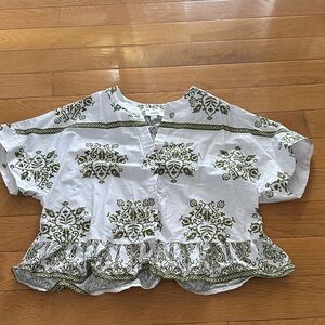 CeCe White Blouse with Green Accents